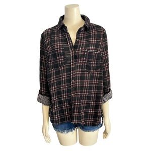 Daytrip Plaid Shirt Womens Medium Black Red Long Sleeve Rolled Button Lace‎ up
